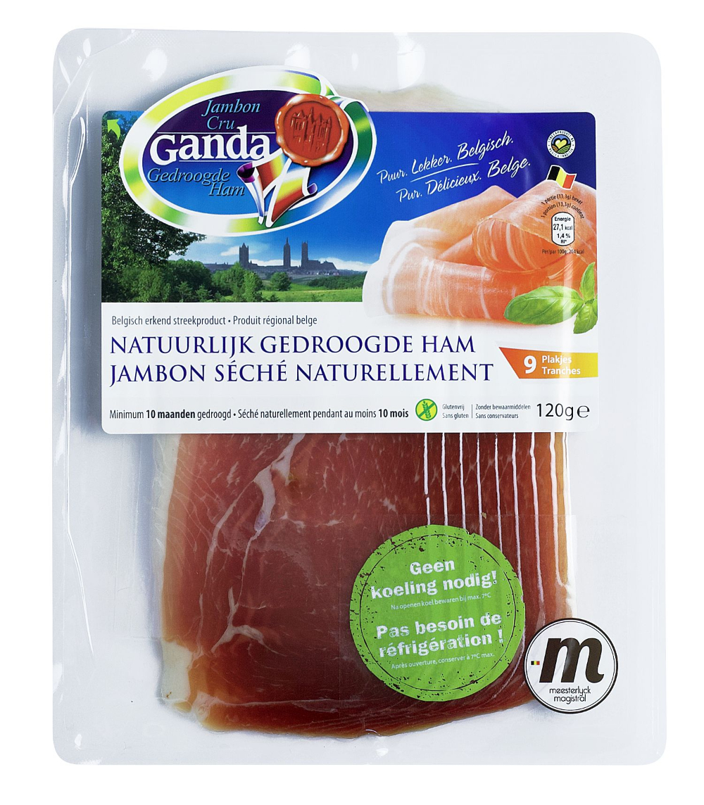 Ganda Ham in vacu&uuml;mverpakking garandeert een langere houdbaarheid en kan buiten de koeling geplaatst worden om crossselling te vergemakkelijken