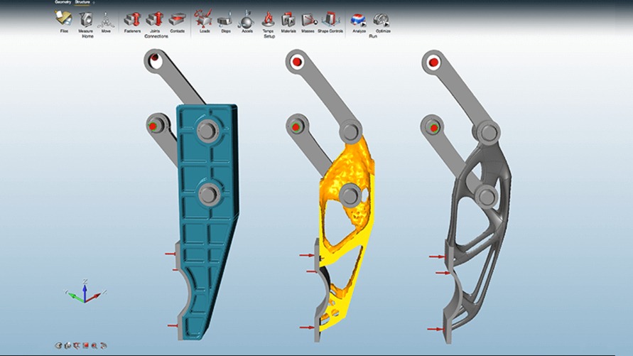 Als je aan de slag wilt met modelleren om eigen ontwerpen te maken of aan te passen,  is ontwerpsoftware vaak het uitgangspunt om erna te optimaliseren  naar de voordelen van 3D-printen. Deze foto toont topologieoptimalisatiesoftware