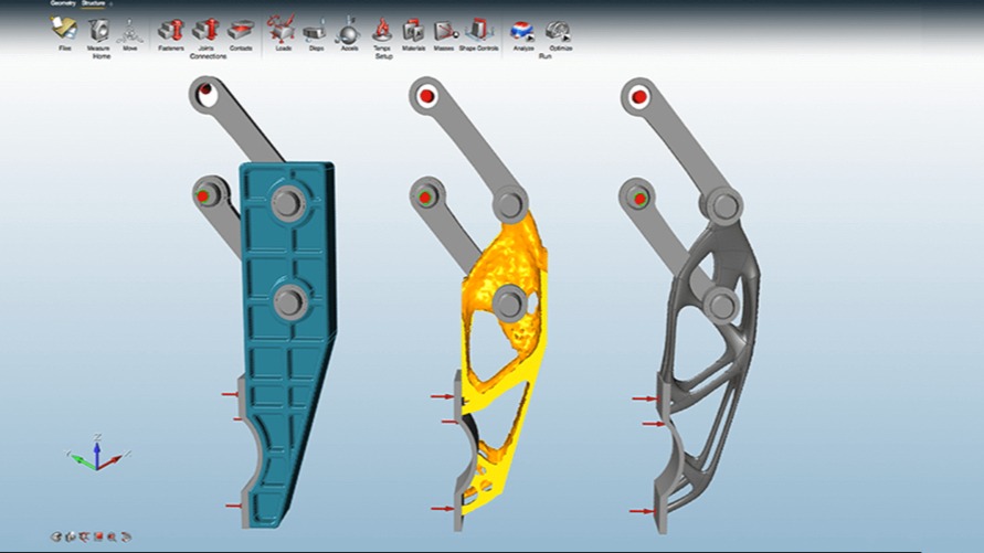 Als je aan de slag wilt met modelleren om eigen ontwerpen te maken of aan te passen,  is ontwerpsoftware vaak het uitgangspunt om erna te optimaliseren  naar de voordelen van 3D-printen. Deze foto toont topologieoptimalisatiesoftware