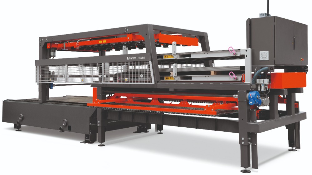 Het geautomatiseerde handlingsysteem ByTrans Extended  voor het parallel beladen en ontladen van platen,  gesneden eindproducten, halfproducten en restmateriaal
