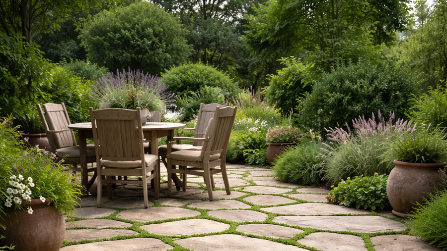 glastone terras met groene voeg